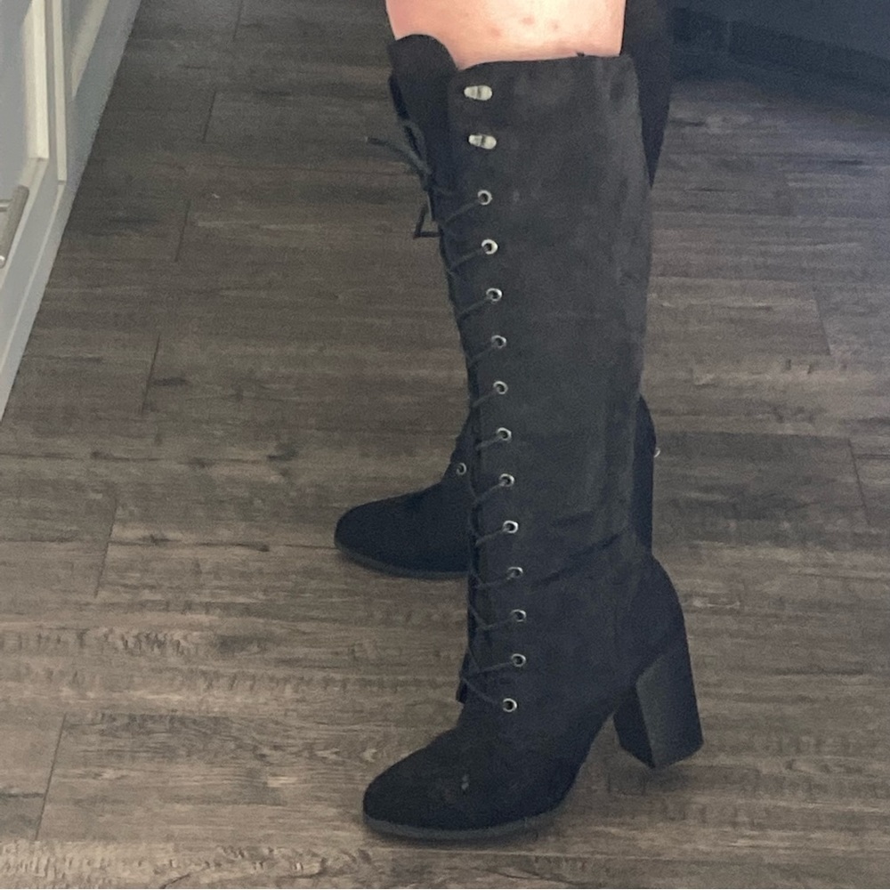 Black suede lace up heeled boots boho western